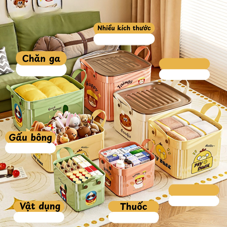 Thùng Nhựa Đựng Đồ Đa Năng Có Nắp Hoạt Hình Cookie, Hộp Đựng Quần Áo Chăn Mền Đồ Chơi Có Quai Xách Tiện