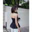 Set áo đen cúp ngang dáng peplum xoè thun sau + quần suông trắng ống rộng MyaHouse