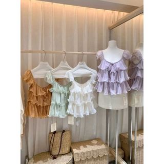 Một Kích Thước Voan Xù Nhiều Lớp Bánh Áo Sơ Mi Ngọt Ngào Nữ Tính Không Khí Lãng Mạn Thanh Lịch Áo Sơ Mi Áo Vest Nữ Mùa Hè Rời Ôm Hơn Nhìn Áo Chui Đầu Ngắn-
