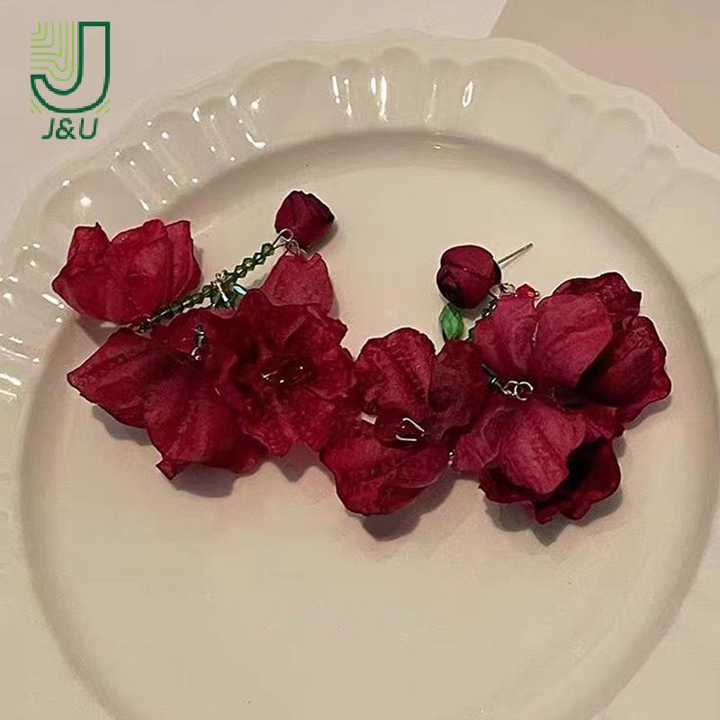 [J & U-T] Bông tai thả hoa hồng đỏ phóng đại lãng mạn cổ điển dành cho nữ Mô phỏng bầu không khí Hoa kỳ nghỉ Tính khí Bông tai