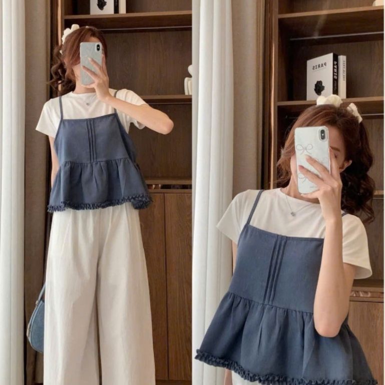 Set Đồ Nữ Áo Thun Trơn Cộc Tay Kèm Áo 2 Dây Xếp Ly Viền Bèo S800 Shees Thời Trang Nữ - SamHi Closet