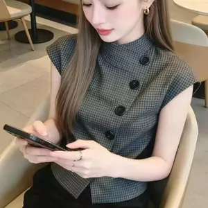 Nhẹ nhàng sang trọng Phong cách tiền cũ Cổ đứng mỏng tay ngắn văn học Áo sơ mi kẻ sọc cổ điển Phong cách mùa hè Phong cách mới Slim