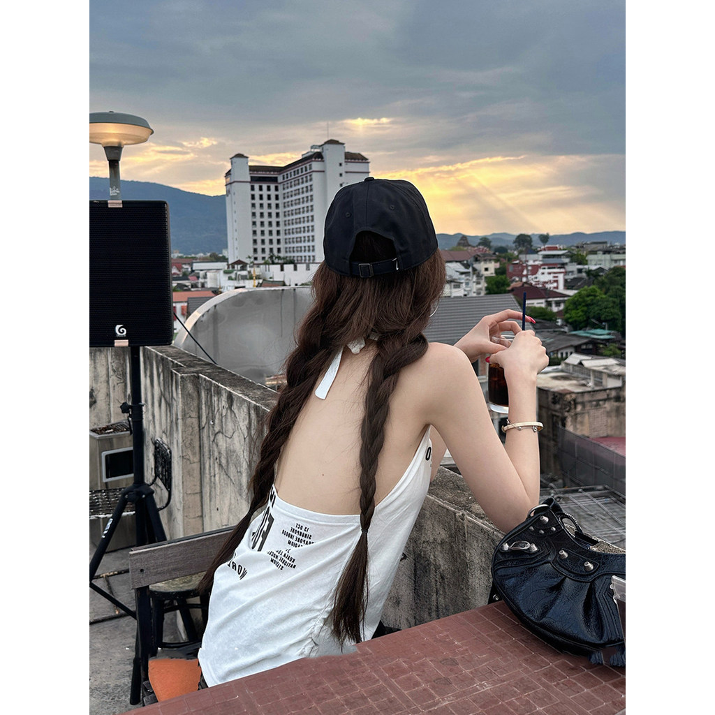 áo 2 dây American Hot Girl In Chữ Dây Cổ Màu Trắng Phong Cách Dây