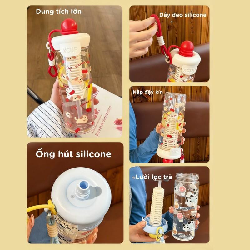 Bình Nước Xcup Trong Suốt  720ml – Họa Tiết Hoạt Hình Dễ Thương, Có Ống Hút & Lưới Lọc Trà Tiện Lợi