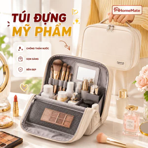 Túi Đựng Mỹ Phẩm Du Lịch HomeMate Kèm Gương Soi – Túi Makeup Da PU Chống Thấm, Nhiều Ngăn Có Quai Xách & Quai Cài Vali