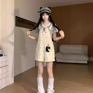 Phong cách Preppy giản dị Nhỏ kiểu Hàn Quốc Retro Mèo con Ngôi sao ngọt ngào In hình mát mẻ Quần yếm sinh viên Quần short nữ mùa hè