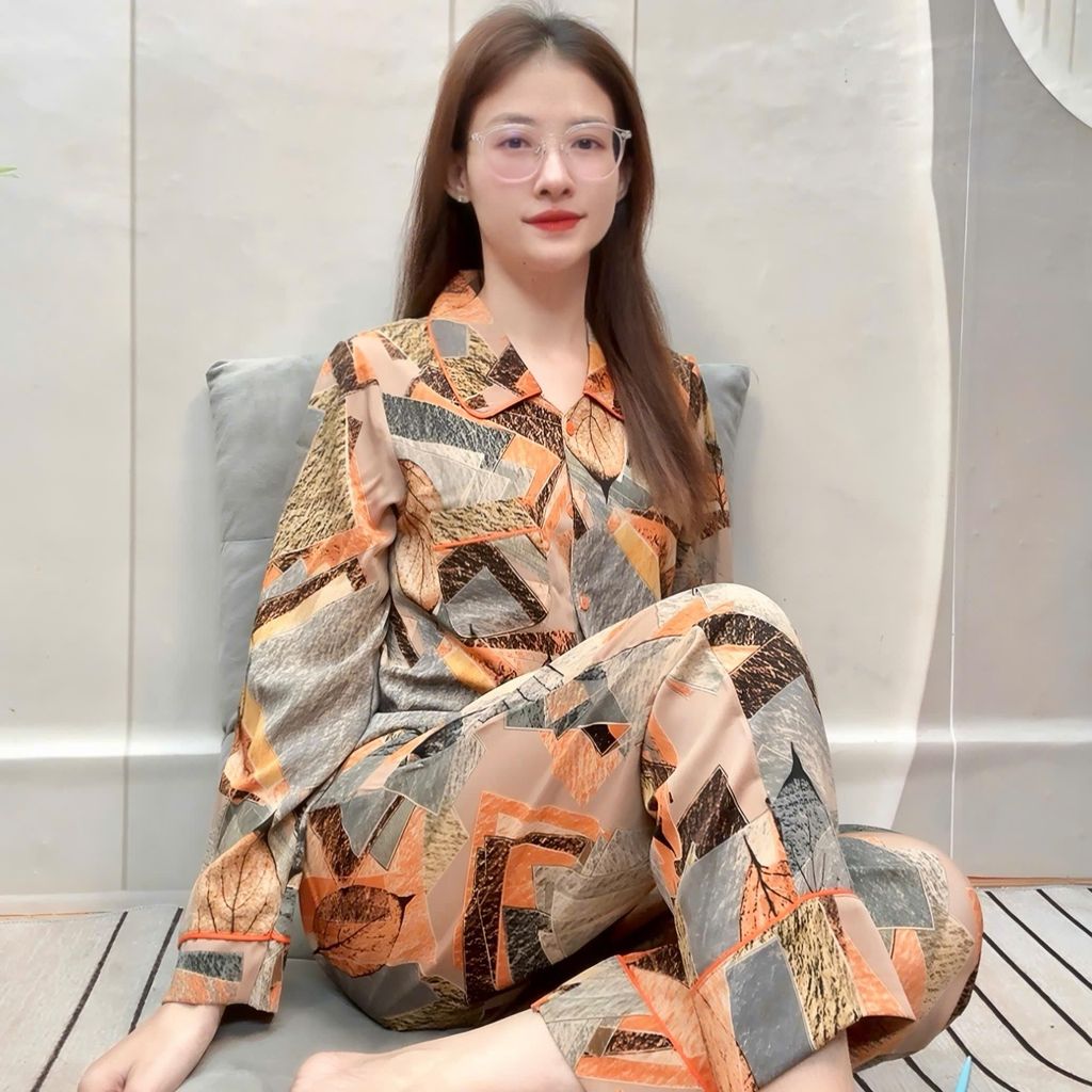 [Tay Dài] Đồ bộ cổ sen viền lé tay dài quần dài lụa mango cao cấp từ 45 đến 76kg