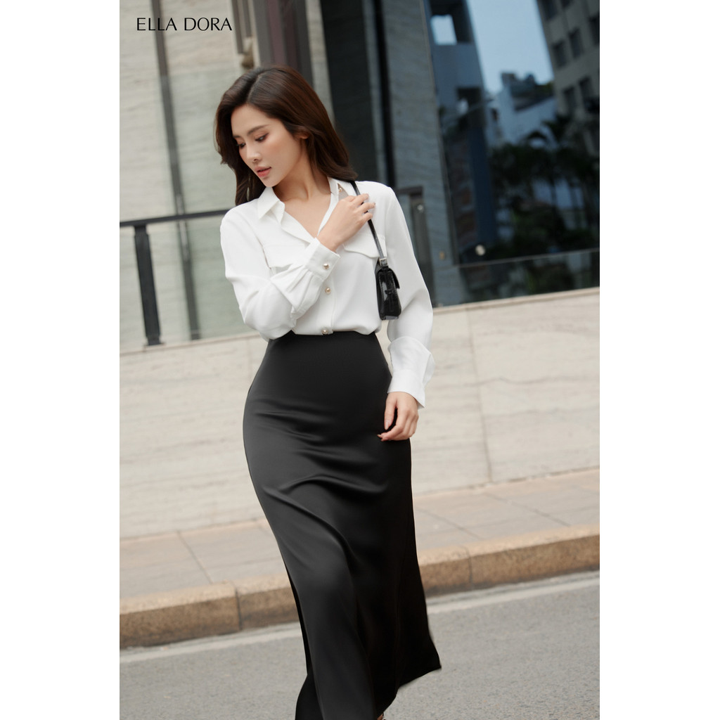 Sơ mi lụa  ELLA DORA thiết kết 2 nắp túi dáng suông công sở thanh lịch 2 màu ĐEN/TRẮNG [SM139]