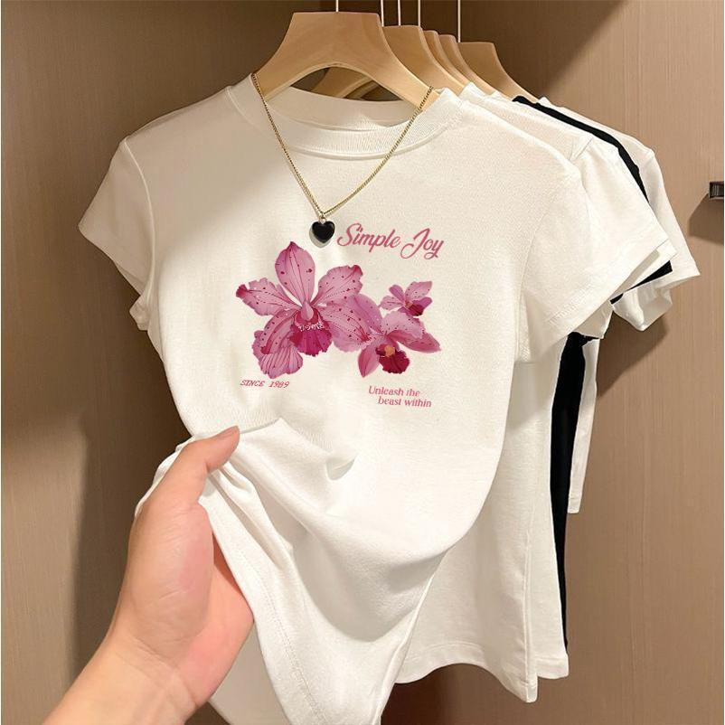 BOOM Áo Baby Tee Nữ Cotton Ôm Body-Áo Thun Ngắn Tay Y2K In Hình PhongCách Mùa Hè, Cổ Tròn Hàng Đầucách hàn quốc phongR47
