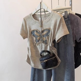 Niche Hơi Béo mm Plus Size Nữ Xuân Hè Mỏng Hơn Nhìn Ngọt Cay Top Áo Thun Tay Ngắn Miếng Dán Thêu Bướm e