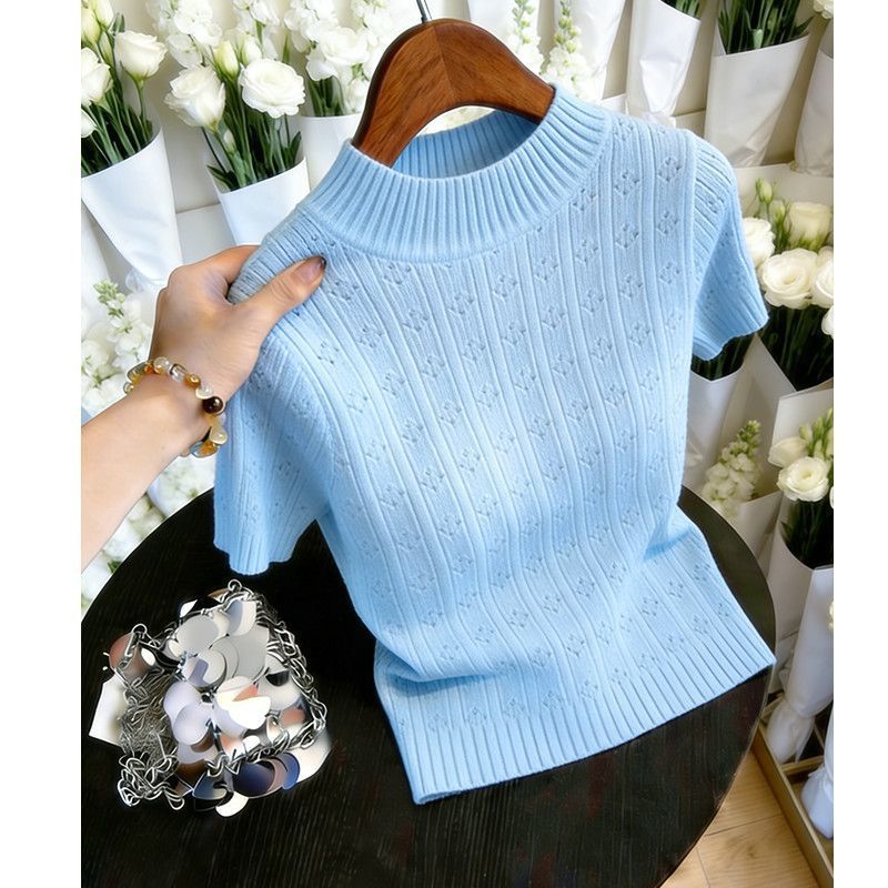 Áo Len Cổ Nửa Cao Phong Cách Ngọt Ngào Kiểu Pháp, Thiết Kế Jacquard Pit Strip Cho Đầu Mùa Hè