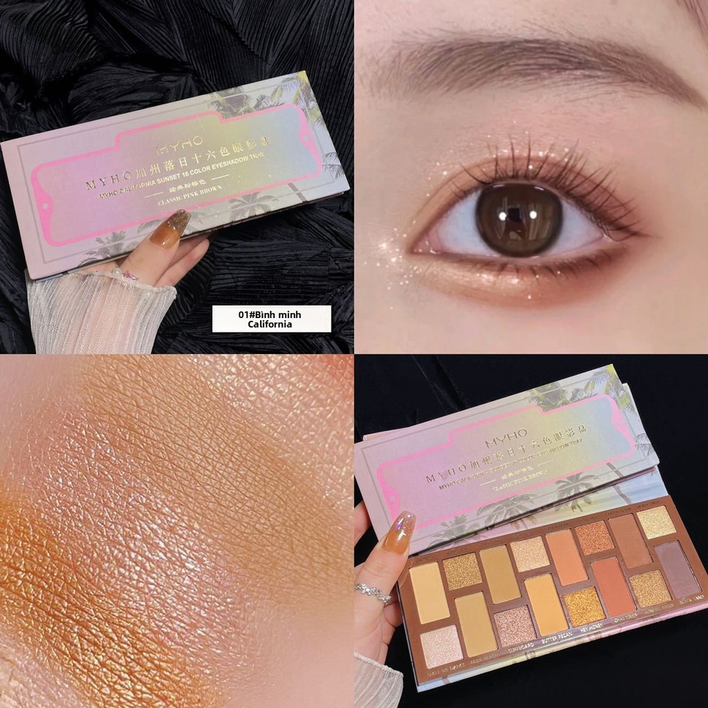 MYHO Palette Mắt 16 Màu Ánh Kim/Matt - Chủ Đề Hoàng Hôn California, Mắt Nâu Đất, Bảng Mắt Hot Trend Ins
