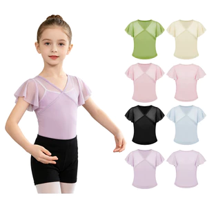 Nyeemya Trẻ Em Bé Gái Cổ Điển Áo Khiêu Vũ Cổ Chữ V Tay Ngắn Quấn Chéo Mặt Trước Lưới Cho Luyện Tập Khiêu Vũ Làm Ấm Lên