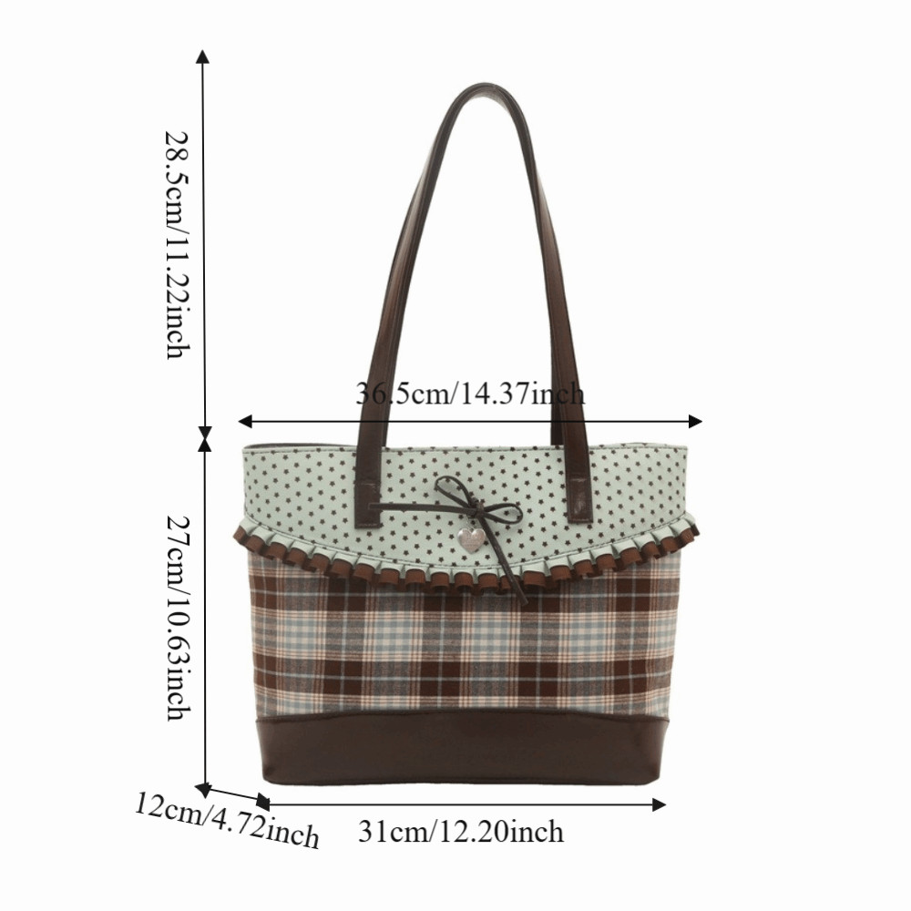 Túi tote to vải Canvas kẻ sọc ren, chắp vá chấm bi dung tích lớn, xanh lá cây cổ điển, đeo nách