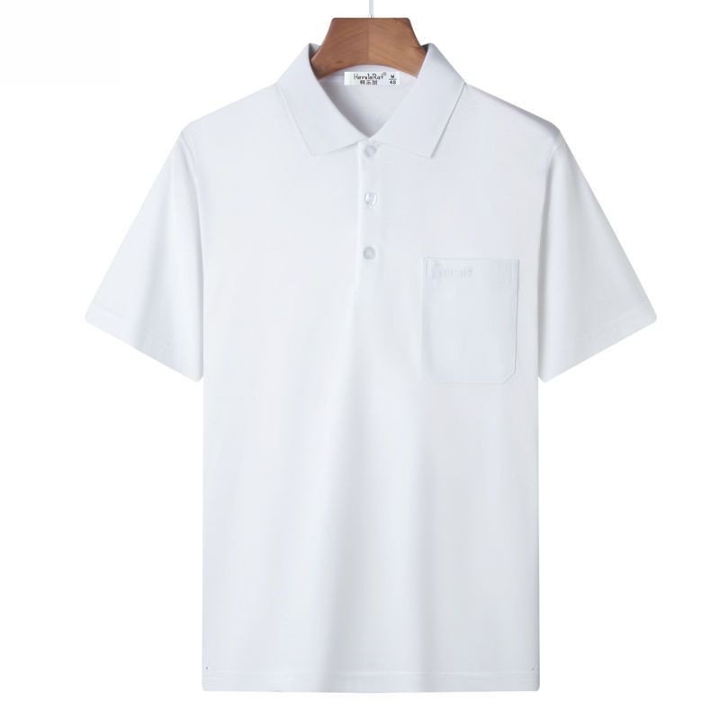 Áo thun ngắn tay cotton nguyên chất mùa hè dành cho nam, áo polo dành cho nam trung niên và người già, dáng rộng vừa vặn với cổ áo và túi EJ2K