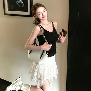 VM-Chân váy nữ ren cổ điển cạp cao, vạt bất đối xứng, đa năng và phong cách.