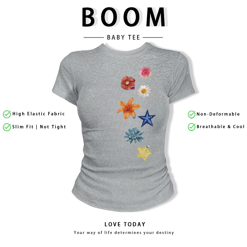 BOOM Áo Baby Tee Nữ Cotton Ôm Body-Áo Thun Ngắn Tay Y2K In Hình PhongCách Mùa Hè, Cổ Tròn Hàng Đầucách hàn quốc phongG36