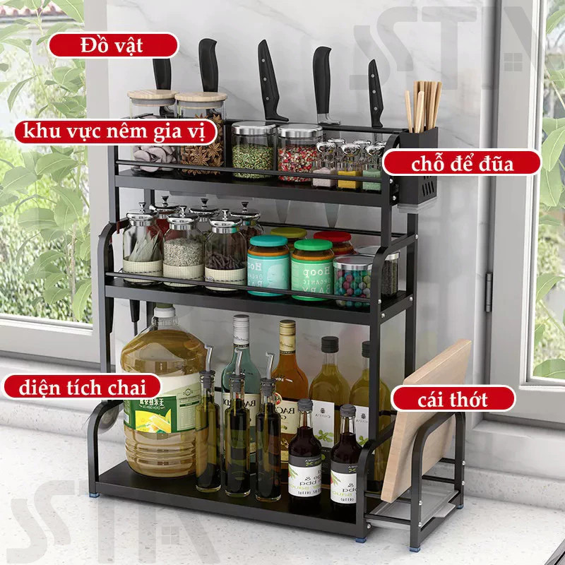Kệ Để Gia Vị Nhà Bếp 2 Tầng 3 Tầng Thép Sơn Tĩnh Điện, Kệ Đựng Dao Thớt Chai Lọ Dầu Ăn Đa Năng