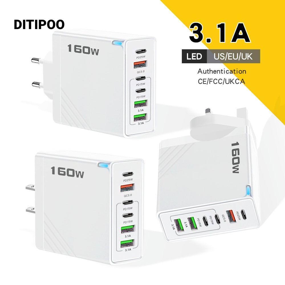 Bộ sạc điện thoại DITIPOO, 6 cổng có phích cắm sạc LED 160W, Bộ sạc đa năng EU / US / UK PD QC3.0 USB A + C cho / /