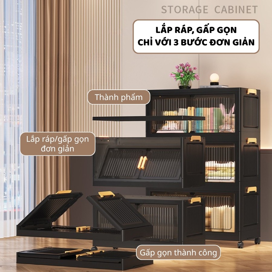 Tủ Nhựa Gấp Gọn ENODA HOME, Tủ Đựng Đồ Đa Năng Màu Trong Đen Hiện Đại Có Bánh Xe Tiện Lợi TUN051