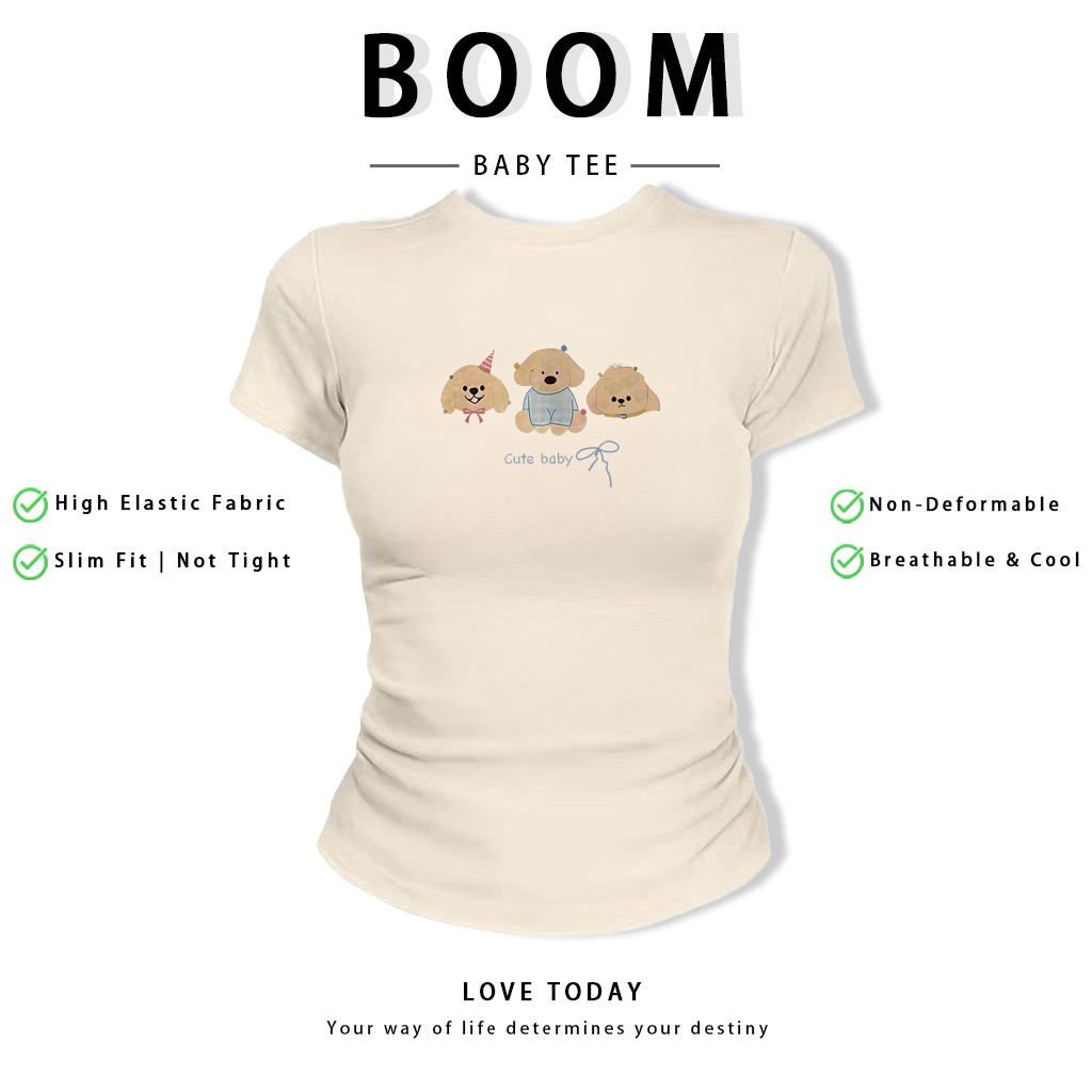 BOOM Áo Baby Tee Nữ Cotton Ôm Body-Áo Thun Ngắn Tay Y2K In Hình PhongCách Mùa Hè, Cổ Tròn Hàng Đầucách hàn quốc phongF30