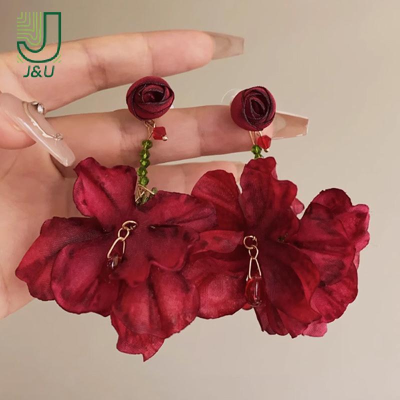 [J & U-T] Bông tai thả hoa hồng đỏ phóng đại lãng mạn cổ điển dành cho nữ Mô phỏng bầu không khí Hoa kỳ nghỉ Tính khí Bông tai
