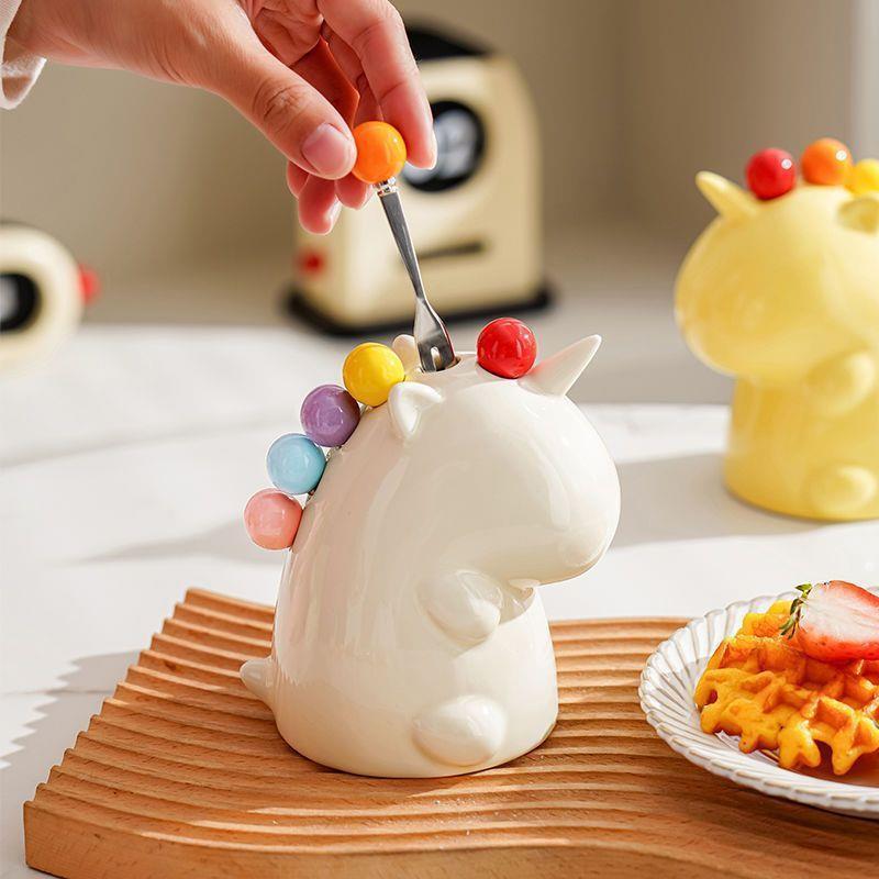 Nĩa Ăn Trái Cây Thép Không Gỉ 304, Đế Cắm Hình Kỳ Lân Gốm Sứ, Kèm 6 Nĩa Màu,Decor Bàn Ăn