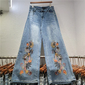 Retro Thêu Mùa Xuân Thu Phong Cách Mới Denim Nữ Dân Tộc Phong Cách Thêu Rời Cao Cấp Chân Rộng Denim Trous