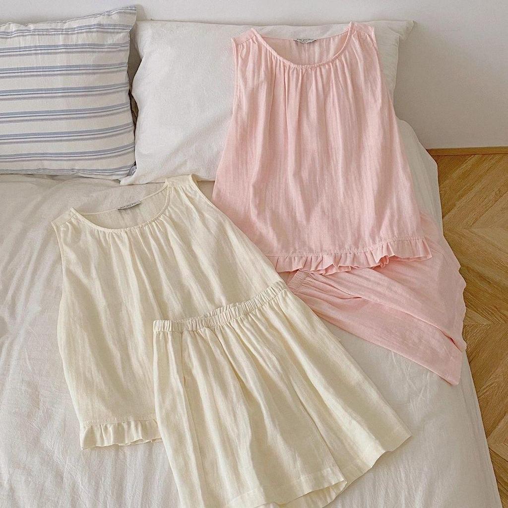 [Hàng mới về] Bộ đồ ngủ sợi hai lớp Cotton phiên bản Hàn Quốc dành cho nữ mùa hè Áo Vest dễ thương có thể mặc bên ngoài Đồ mặc nhà rộng rãi