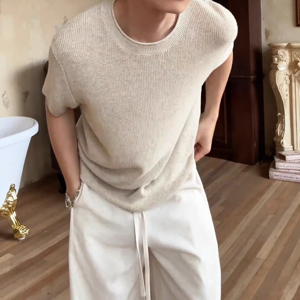 Phong Cách Tiền Cũ Vải Lanh Dệt Kim Tay Ngắn Nam Mùa Hè Mỏng Phong Cách Thoáng Khí Lười Top Kaki Cotton Vải Lanh Áo Thun PTKS