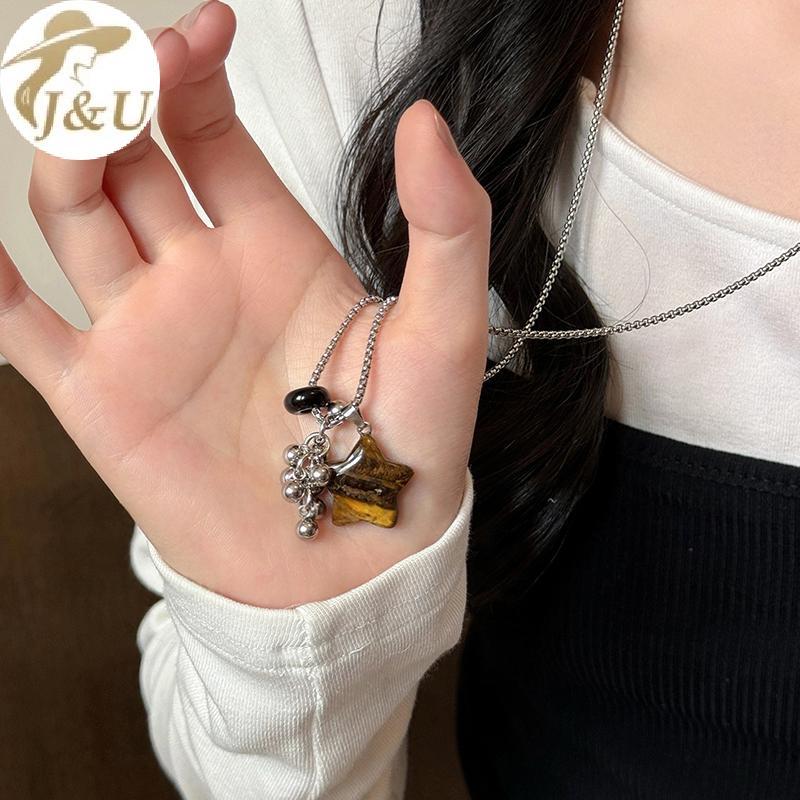 JU Áo Len Dài Retro Hổ Mắt Đá Mặt Dây Kéo Cho Nữ