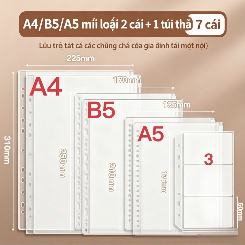 Bìa Sổ Còng Đựng Tài Liệu Đa Năng A4/B5/A5, Kèm 28 Túi Zip Chống Nước, Lưu Trữ Hồ Sơ Văn Phòng Gia Đình, Dày Dặn