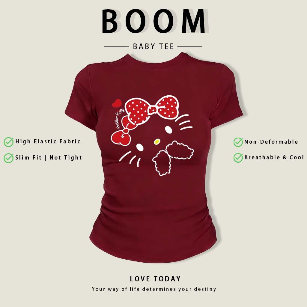 BOOM Áo Baby Tee Nữ Cotton Ôm Body-Áo Thun Ngắn Tay Y2K In Hình PhongCách Mùa Hè, Cổ Tròn Hàng Đầucách hàn quốc phongE71