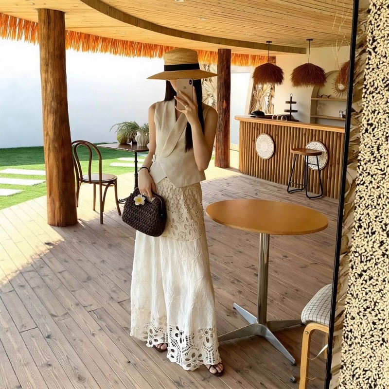 JoJo Hoa Thêu Eo Dài Đầm Cotton Thoáng Khí Kỳ Nghỉ Trang Phục Nữ