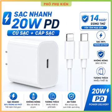 Bộ sạc nhanh 20W PD (củ sạc + cáp sạc) cho 5 - 14PRM. Sạc 60p lên đến 80% Pin. Củ sạc Type C Dây sạc 20W nhanh gấp 3 lần