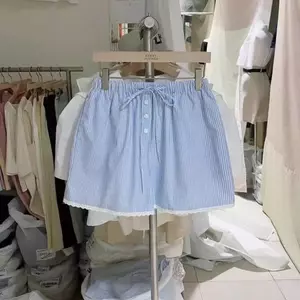 Mùa hè Phong cách mới Phong cách phương Tây Sọc viền ren thun eo thẳng ống rộng Quần short thông thường dành cho nữ