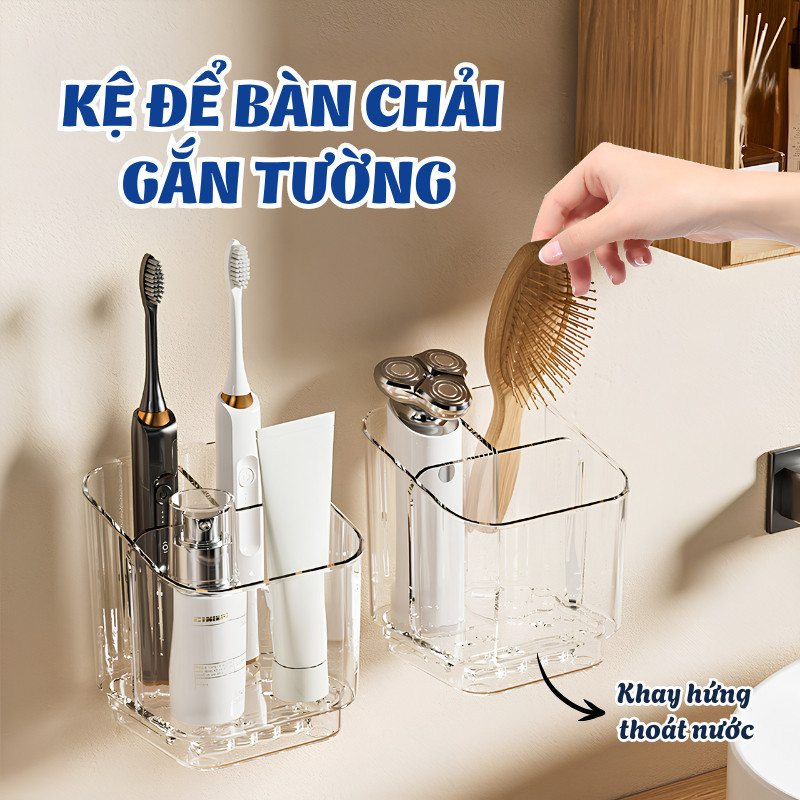Kệ Để Bàn Chải Gắn Tường Nhựa PET Cao Cấp Có Khay Hứng Nước Chia Ngăn Tháo Rời Tiện Dụng - Kệ Nhà Tắm Đa Năng