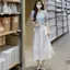 Áo len dệt kim tay phồng cổ chữ V phiên bản Hàn Quốc, màu trắng thanh lịch cho mùa hè