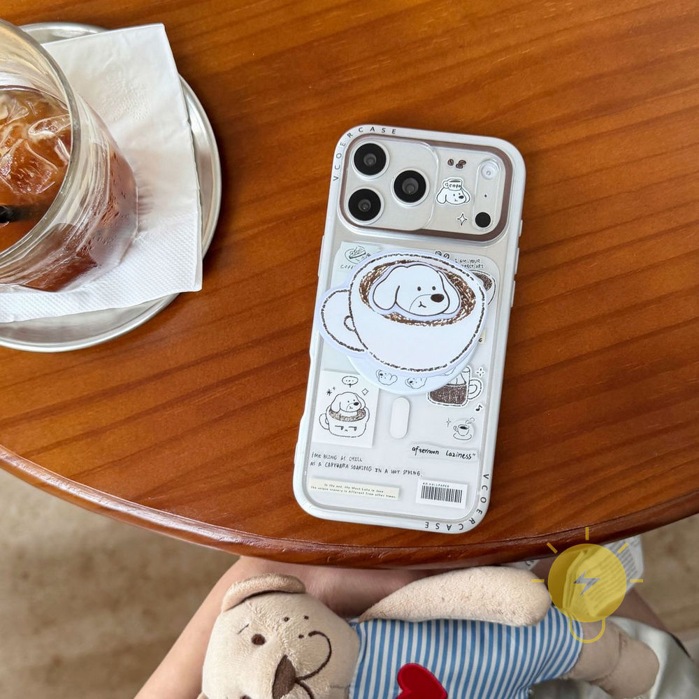 Phone Case For iPhone 17 Pro Max 16 15 with Griptok TPU INS Magnetic Transparent Dog Coffee Aesthetic Korean Cute