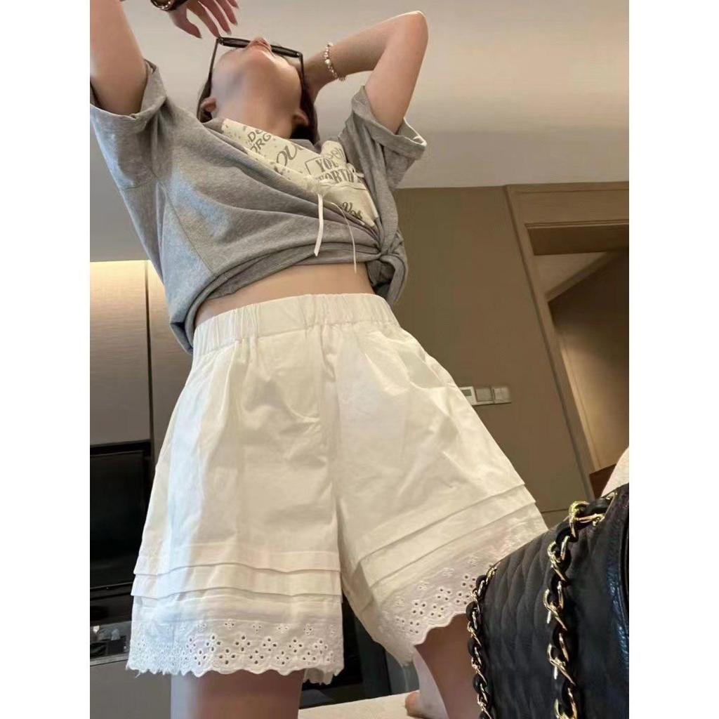 Quần short nữ ren mùa hè với dây thun tiện lợi, thiết kế ống rộng màu trắng