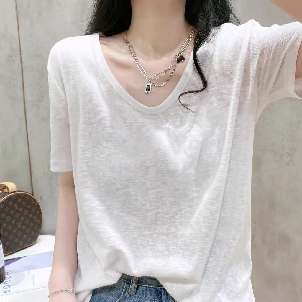 Áo Thun Nữ Mới Rời Trắng Tay Ngắn Size Lớn Cổ Chữ V Mỏng Nửa Tay