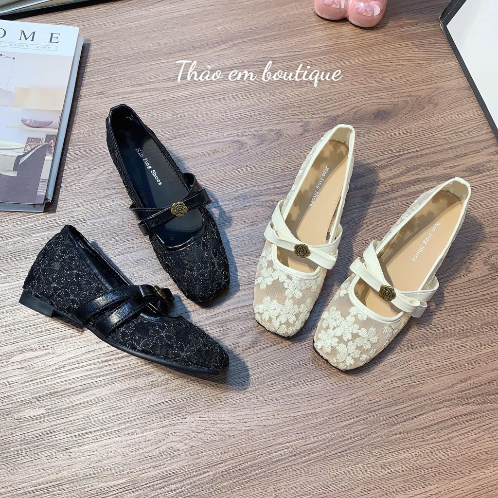 [Thảo Em - BBR8] [Độn đế 5p] Giày búp bê lưới ren hoa phối nơ hoa trà phong cách nhẹ nhàng, tiểu thư