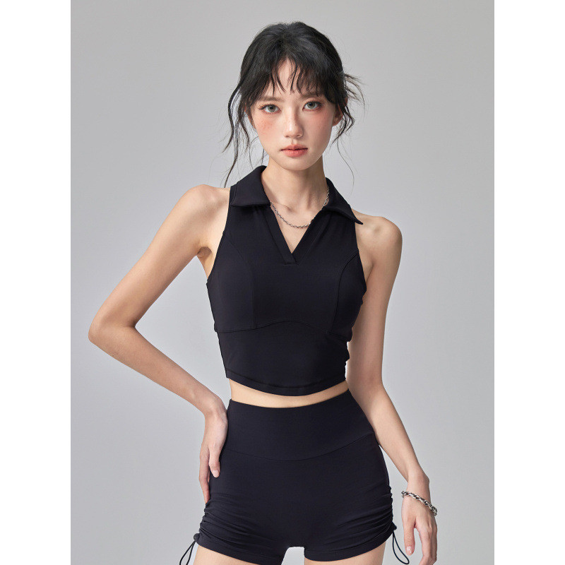 Phong Cách Mới Một Mảnh Áo Vest Thể Thao Có Miếng Lót Ngực Nữ Ve Áo Không Tay Tập Yoga Chạy polo Thể Dục Top Mùa Hè