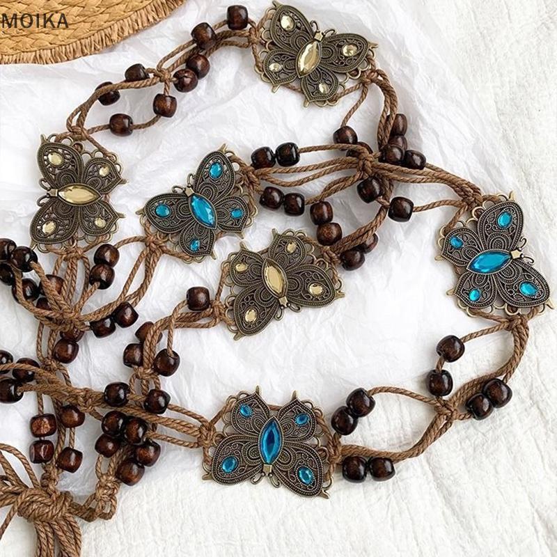 MOIKA Phong Cách Bohemian Bướm Nước Kim Cương Dệt Phong Cách Dân Tộc Hạt Gỗ Nữ Thắt Lưng Kỳ Nghỉ Phong Cách Dây Thắt Lưng VN