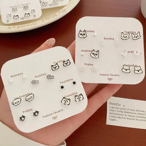 Hoạt Hình Dễ Thương Bông Tai Nhỏ Bộ Kết Hợp Bạc Đơn Giản Nhỏ Mini Một Tuần Bông Tai Sinh Viên Bông Tai Bông Tai Bông Tai Bông Tai
