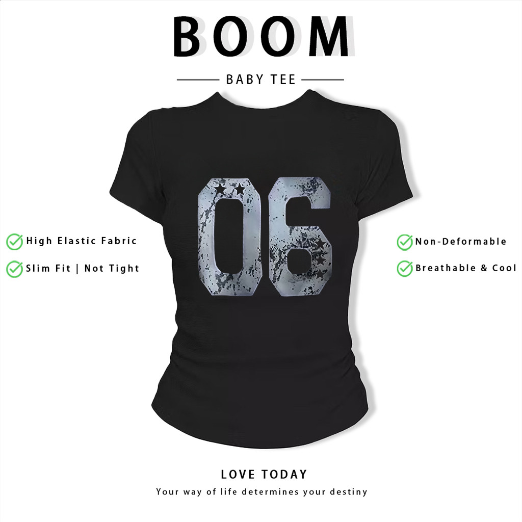 BOOM Áo Baby Tee Nữ Cotton Ôm Body-Áo Thun Ngắn Tay Y2K In Hình PhongCách Mùa Hè, Cổ Tròn Hàng Đầucách hàn quốc phongG19