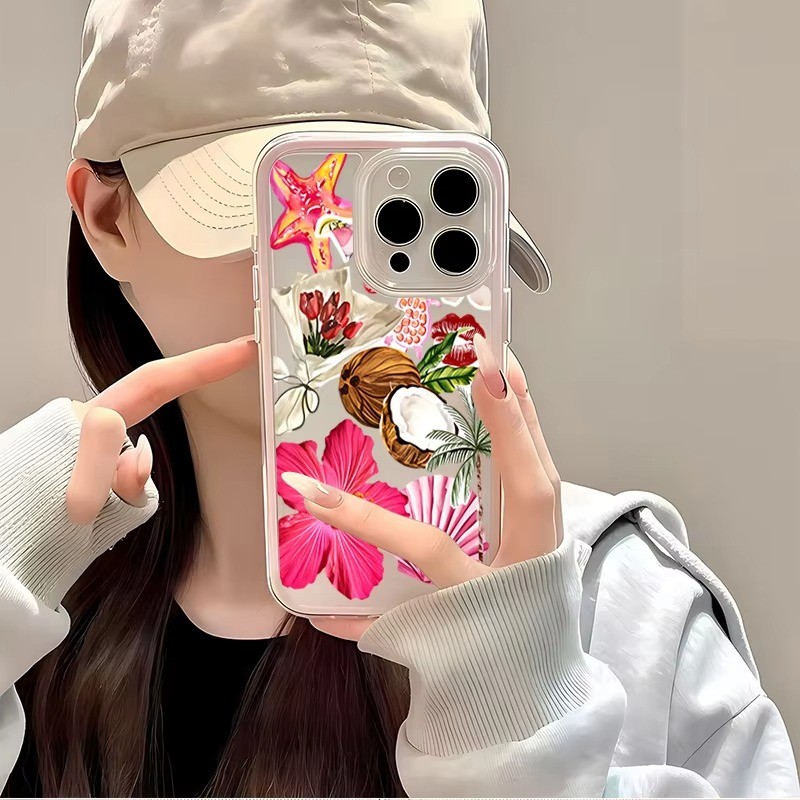 Hoa Nhiệt Đới Dừa Sao Biển TPU Màu Hồng Trong Suốt Ốp Lưng Điện Thoại iPhone 17 16 15 Pro Max 14 13 12 11 Pro 15 Plus Bìa Mềm