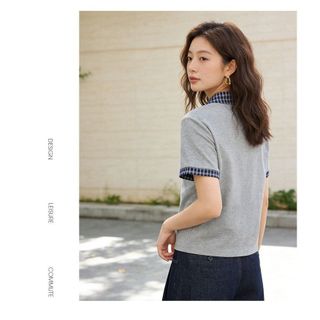 【MiZiQi】 Áo thun ngắn tay cổ kẻ sọc màu tương phản dành cho nữ, Áo thun ngắn tay dáng ôm hơn