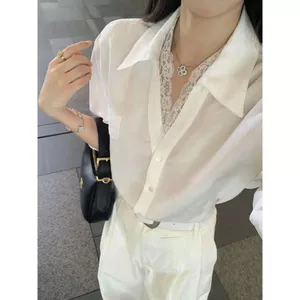 Áo sơ mi trắng khâu ren sang trọng dành cho nữ, phong cách mới một nếp nhăn thuần khiết phong cách mong muốn dài tay
