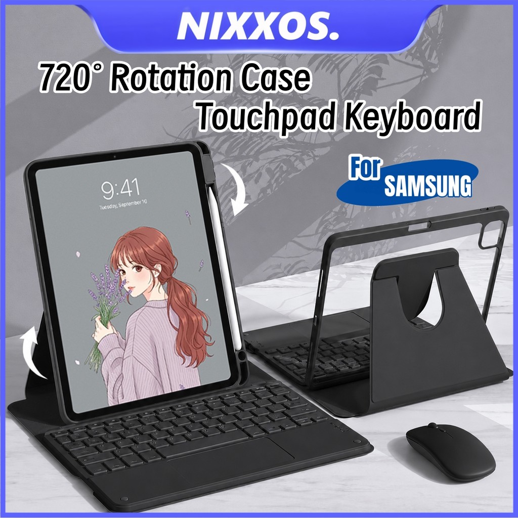 NIXXOS 720° Hộp đựng bàn phím xoay có bàn phím Touchpad Vỏ Acrylic cứng trong suốt có khe cắm bút cho Samsung Galaxy S10 / S10 Plus / S10FE / S9 / S9FE / S9 Plus / S8 / S7 / S7 FE / A9 Plus